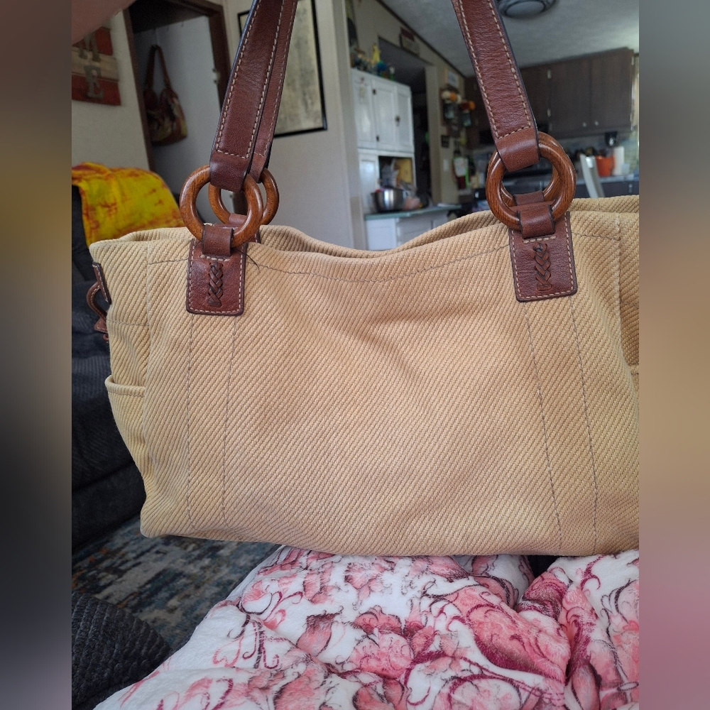Fossil Beige Canvas Shoulder Bag with Brown Leather Handles